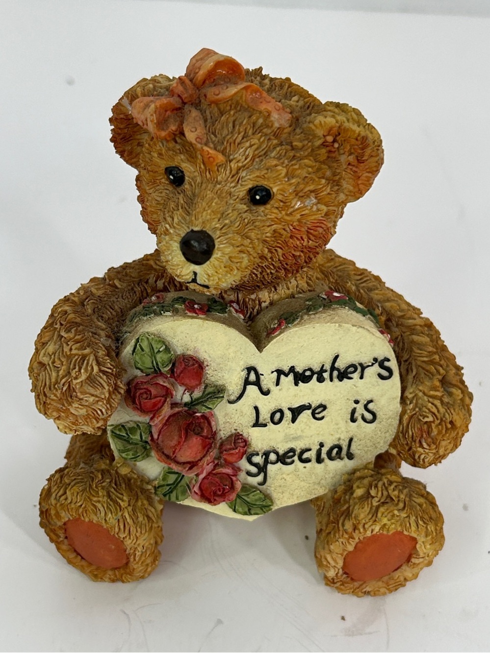 Brown Teddy Bear Figurine Holding Heart - "A Mother's Love is Special"